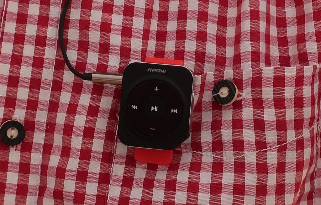 Mpow Bluetooth receiver attached to shirt